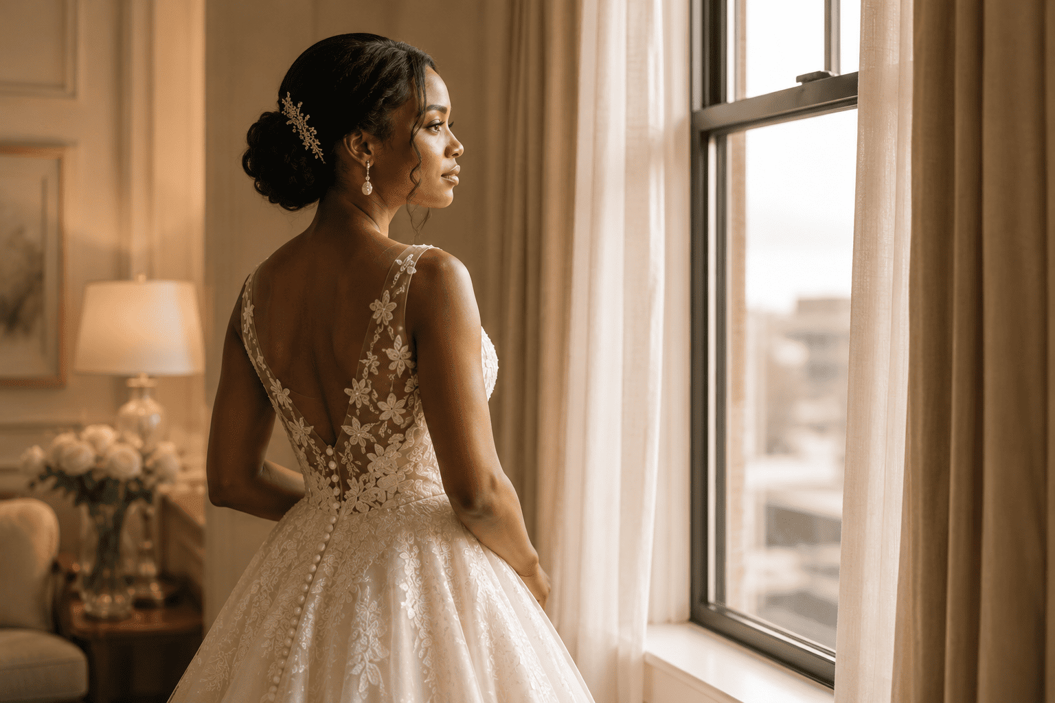 Bride in an open-back lace gown standing among wedding dresses in a bridal boutique