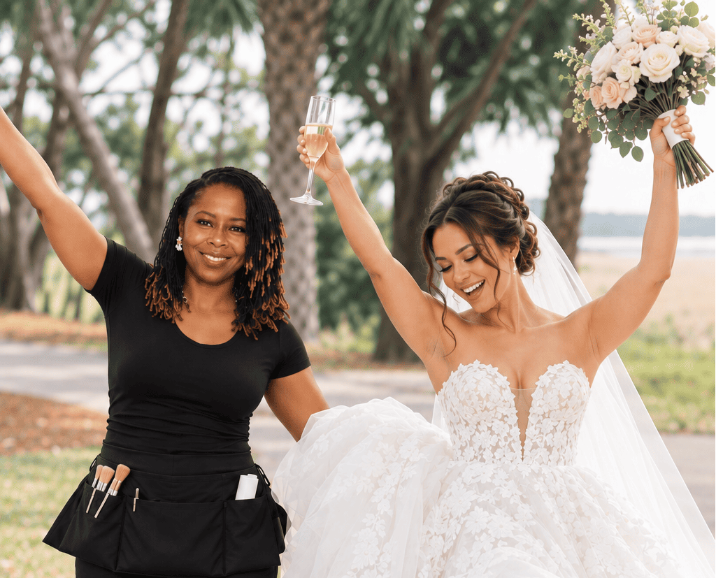 Bride celebrating with her bridal concierge on the wedding day