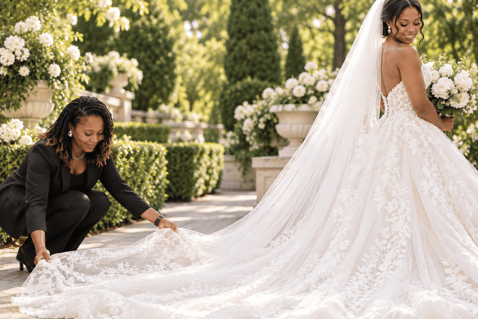 Bride in a lace gown with her train adjusted in a garden setting