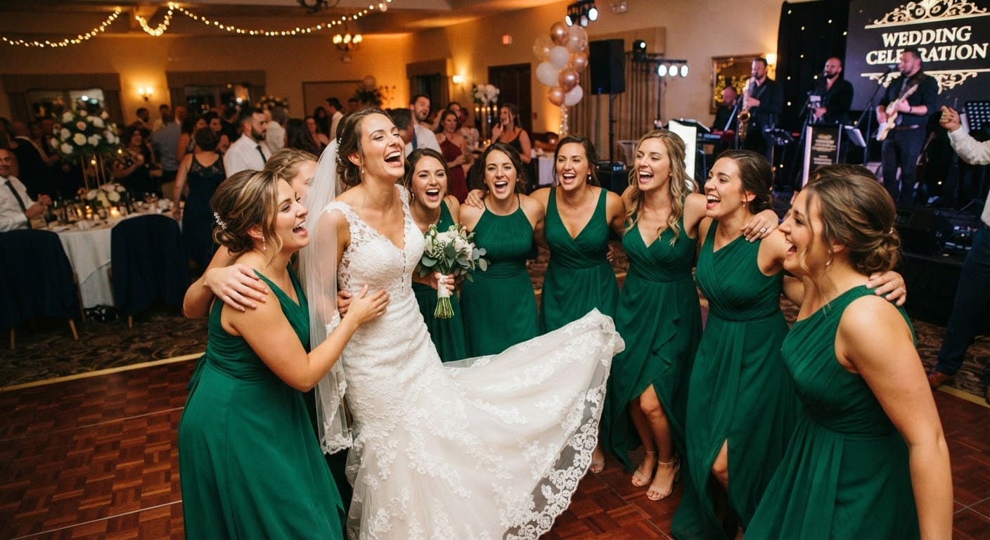 Bride raising her bouquet in celebration in front of applauding guests