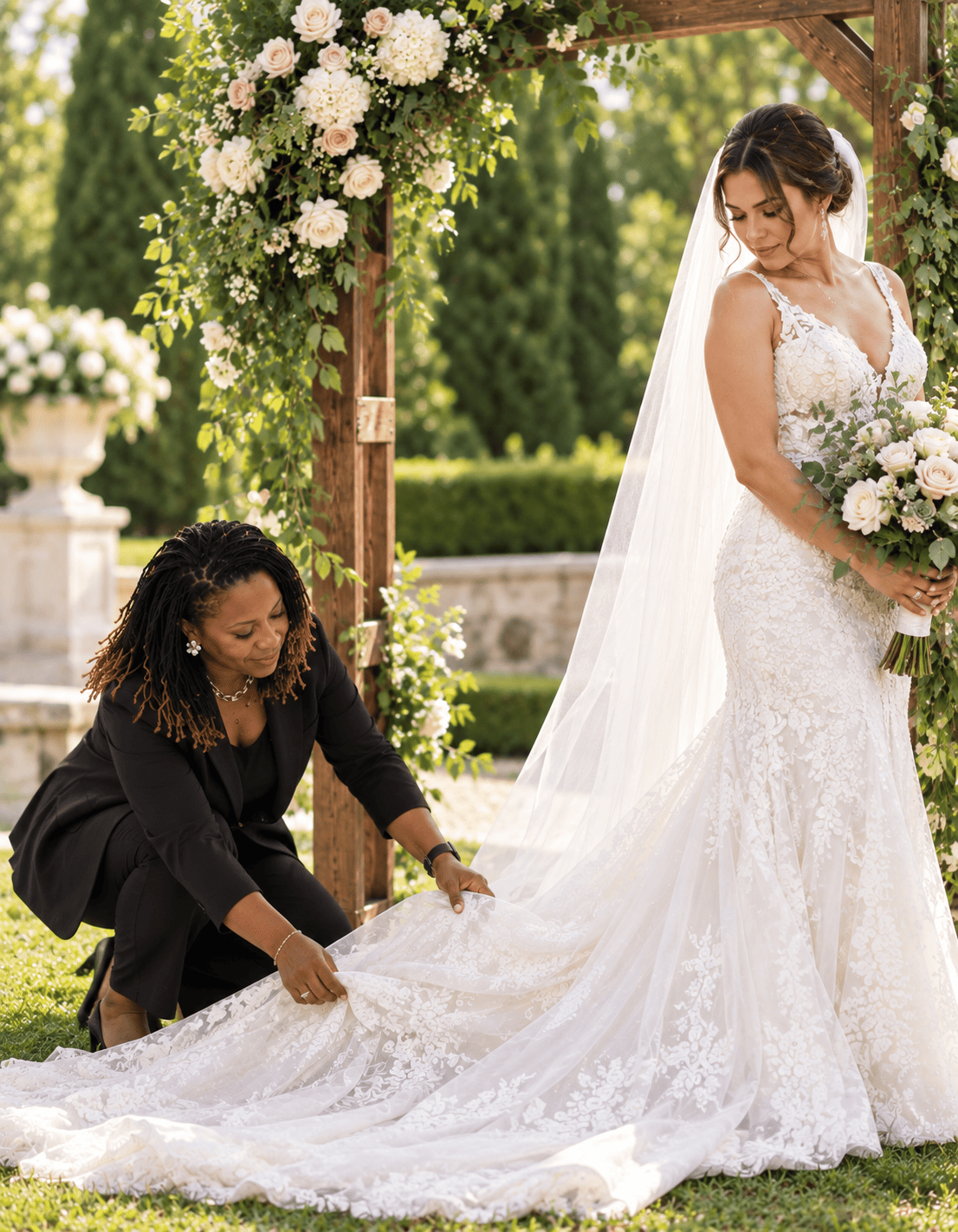 Bride in an open-back lace gown browsing dresses in a bridal salon