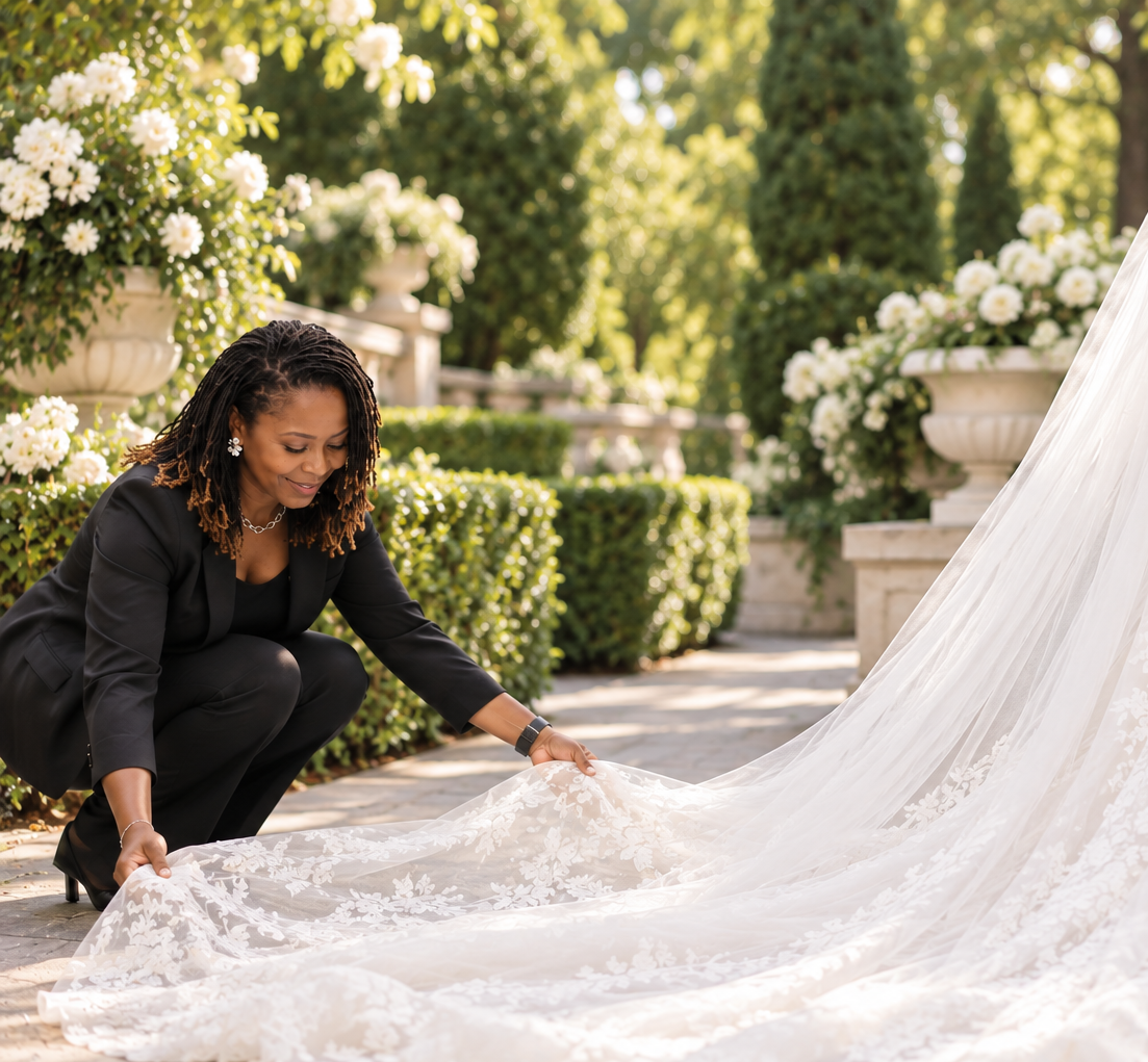 Concierge arranging a bride's train in a ballroom